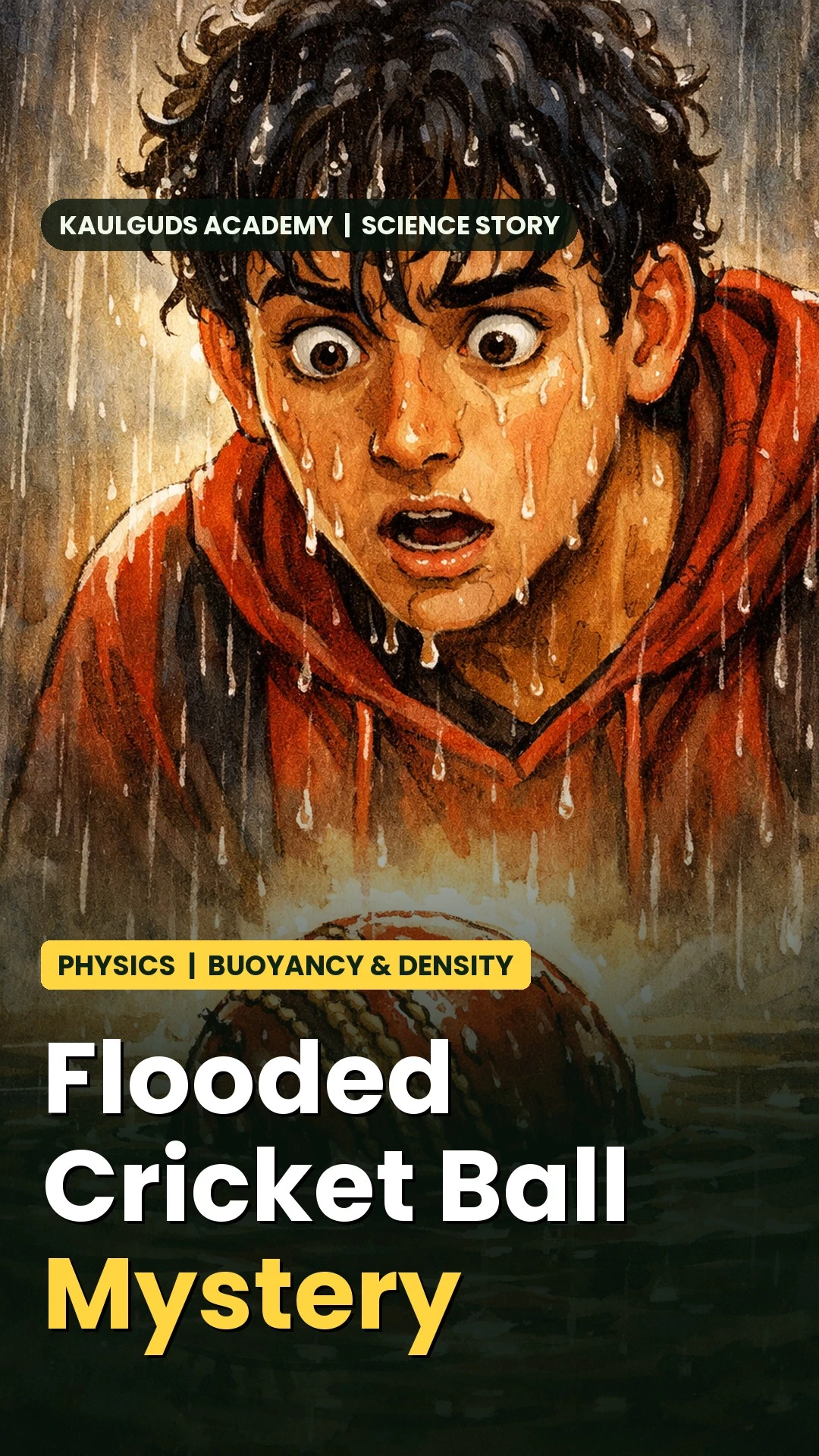 Why did Kabir’s cricket ball float at first and then suddenly sink in the floodwater?